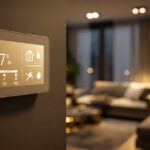 Inteligentny termostat na ścianie nowoczesnego salonu, wyświetlający temperaturę i ikony systemu smart home.